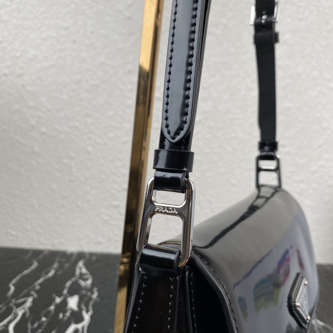 Prada Cleo Brushed Leather Shoulder Bag With Flap Black 1BD303